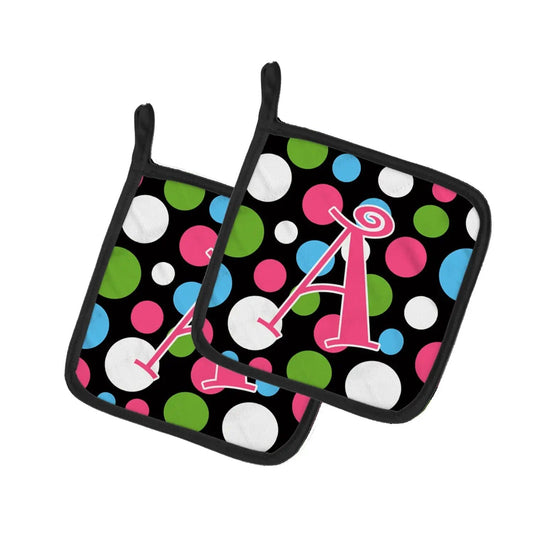 Pot Holder Set of 2 | Heat Resistant Quilted Hot Pads | 7.5 x 7.5 Inch | Letter A Monogram - Polkadots and Pink