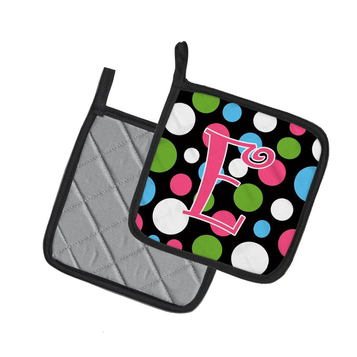 Pot Holder Set of 2 | Heat Resistant Quilted Hot Pads | 7.5 x 7.5 Inch | Letter E Initial Monogram - Polkadots and Pink