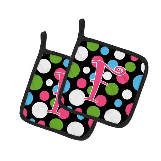 Pot Holder Set of 2 | Heat Resistant Quilted Hot Pads | 7.5 x 7.5 Inch | Letter F Initial Monogram - Polkadots and Pink