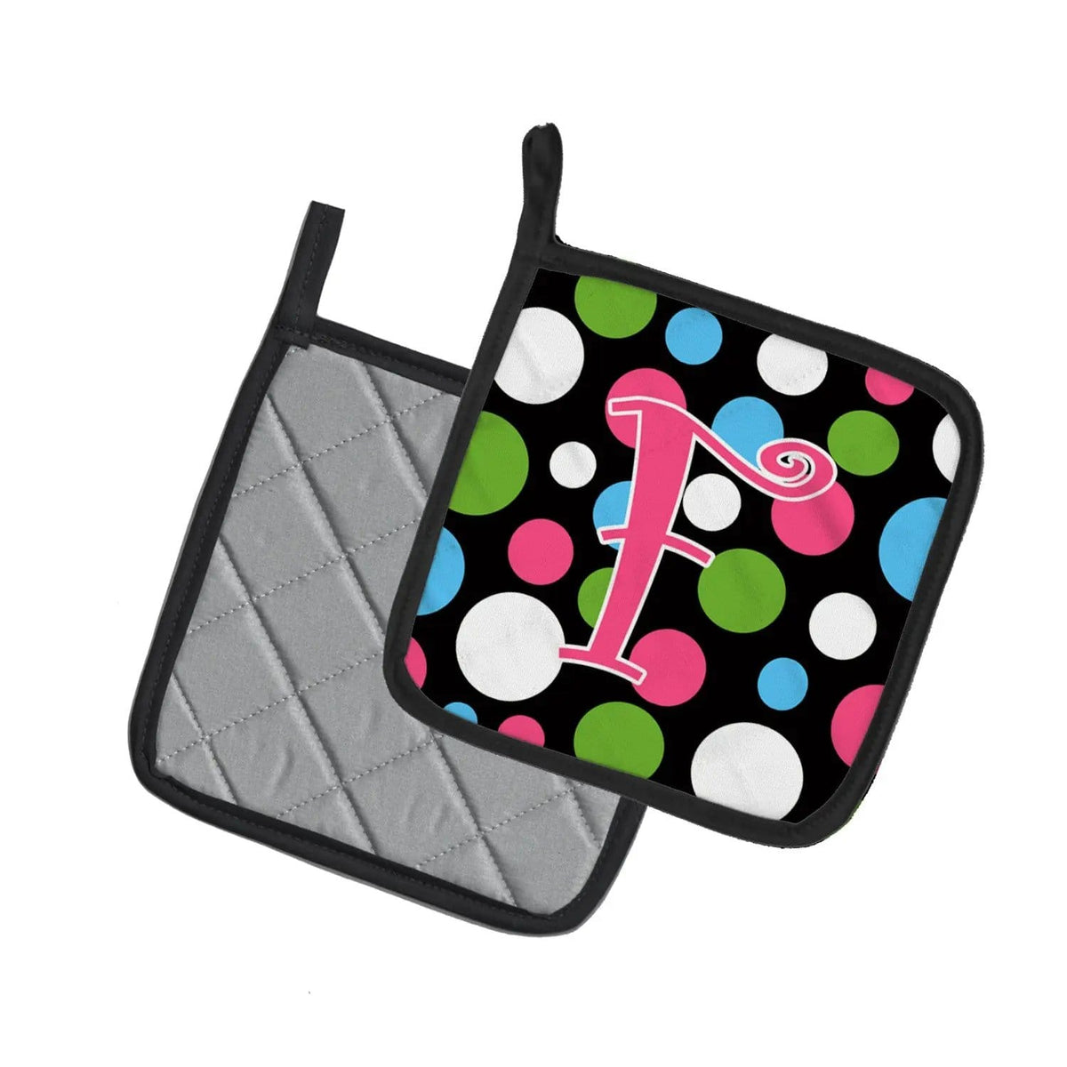 Pot Holder Set of 2 | Heat Resistant Quilted Hot Pads | 7.5 x 7.5 Inch | Letter F Initial Monogram - Polkadots and Pink
