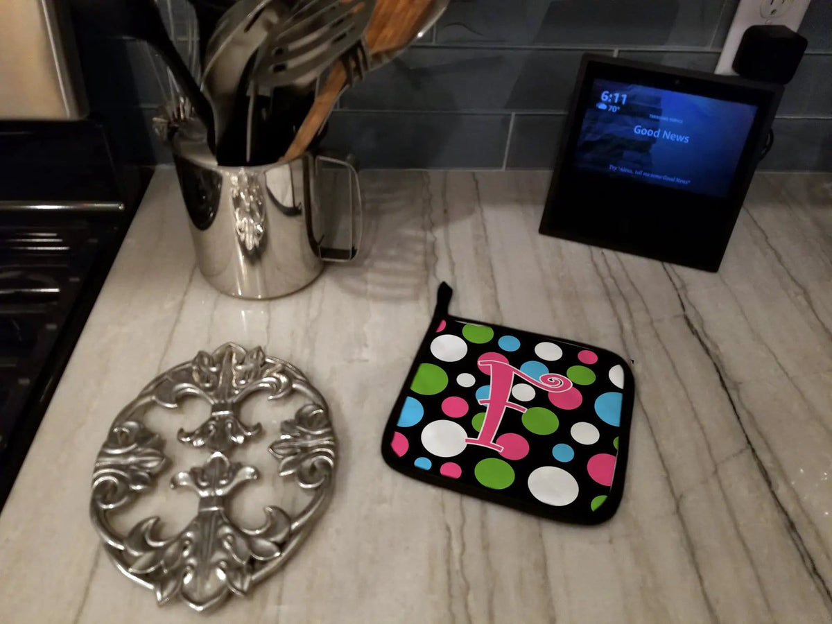 Pot Holder Set of 2 | Heat Resistant Quilted Hot Pads | 7.5 x 7.5 Inch | Letter F Initial Monogram - Polkadots and Pink