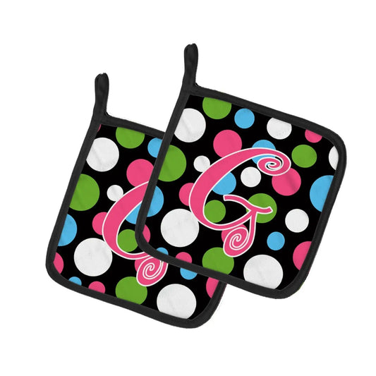 Pot Holder Set of 2 | Heat Resistant Quilted Hot Pads | 7.5 x 7.5 Inch | Letter G Initial Monogram - Polkadots and Pink