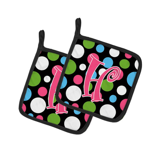 Pot Holder Set of 2 | Heat Resistant Quilted Hot Pads | 7.5 x 7.5 Inch | Letter H Initial Monogram - Polkadots and Pink