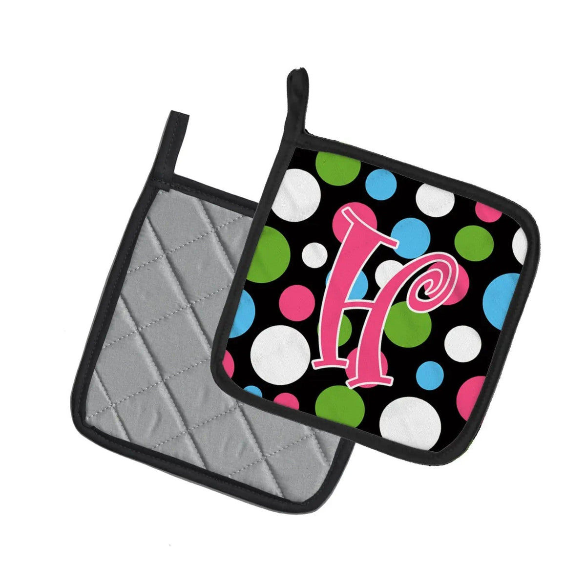 Pot Holder Set of 2 | Heat Resistant Quilted Hot Pads | 7.5 x 7.5 Inch | Letter H Initial Monogram - Polkadots and Pink