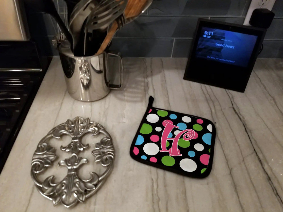 Pot Holder Set of 2 | Heat Resistant Quilted Hot Pads | 7.5 x 7.5 Inch | Letter H Initial Monogram - Polkadots and Pink