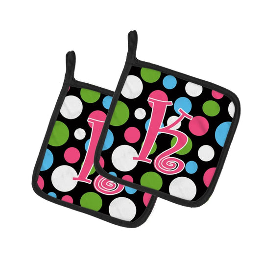 Pot Holder Set of 2 | Heat Resistant Quilted Hot Pads | 7.5 x 7.5 Inch | Letter K Initial Monogram - Polkadots and Pink