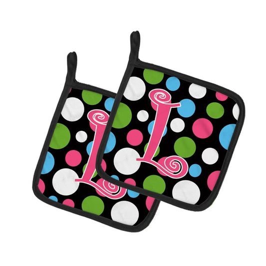 Pot Holder Set of 2 | Heat Resistant Quilted Hot Pads | 7.5 x 7.5 Inch | Letter L Initial Monogram - Polkadots and Pink