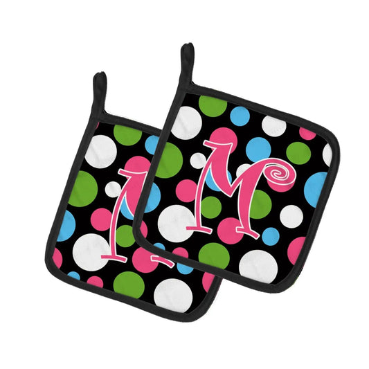 Pot Holder Set of 2 | Heat Resistant Quilted Hot Pads | 7.5 x 7.5 Inch | Letter M Initial Monogram - Polkadots and Pink
