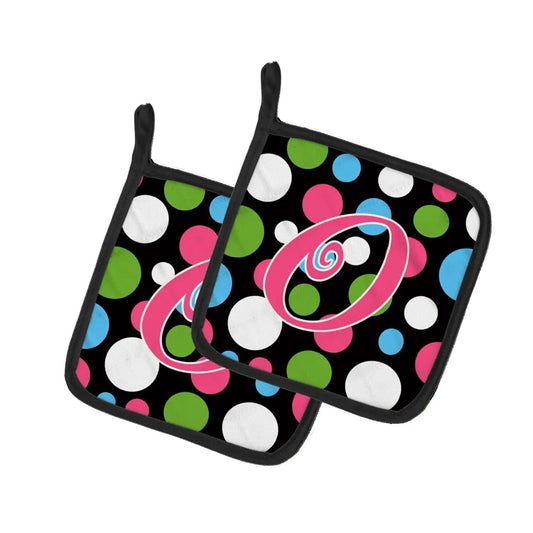 Pot Holder Set of 2 | Heat Resistant Quilted Hot Pads | 7.5 x 7.5 Inch | Letter O Initial Monogram - Polkadots and Pink