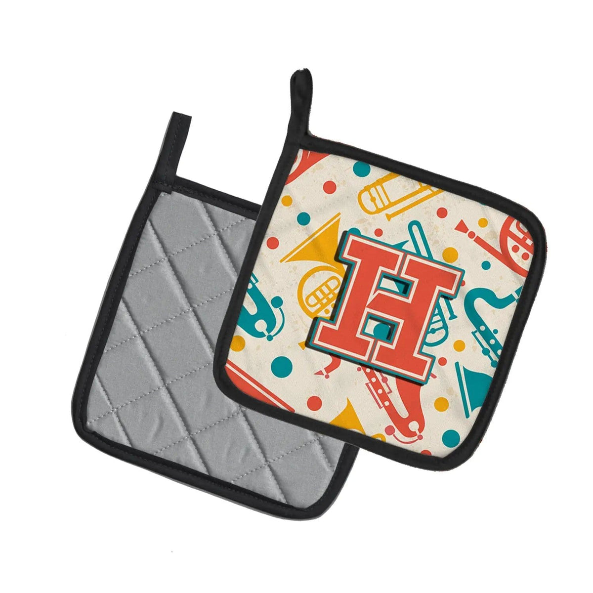 Pot Holder Set of 2 | Heat Resistant Quilted Hot Pads | 7.5 x 7.5 Inch | Letter H Retro Teal Orange Musical Instruments Initial