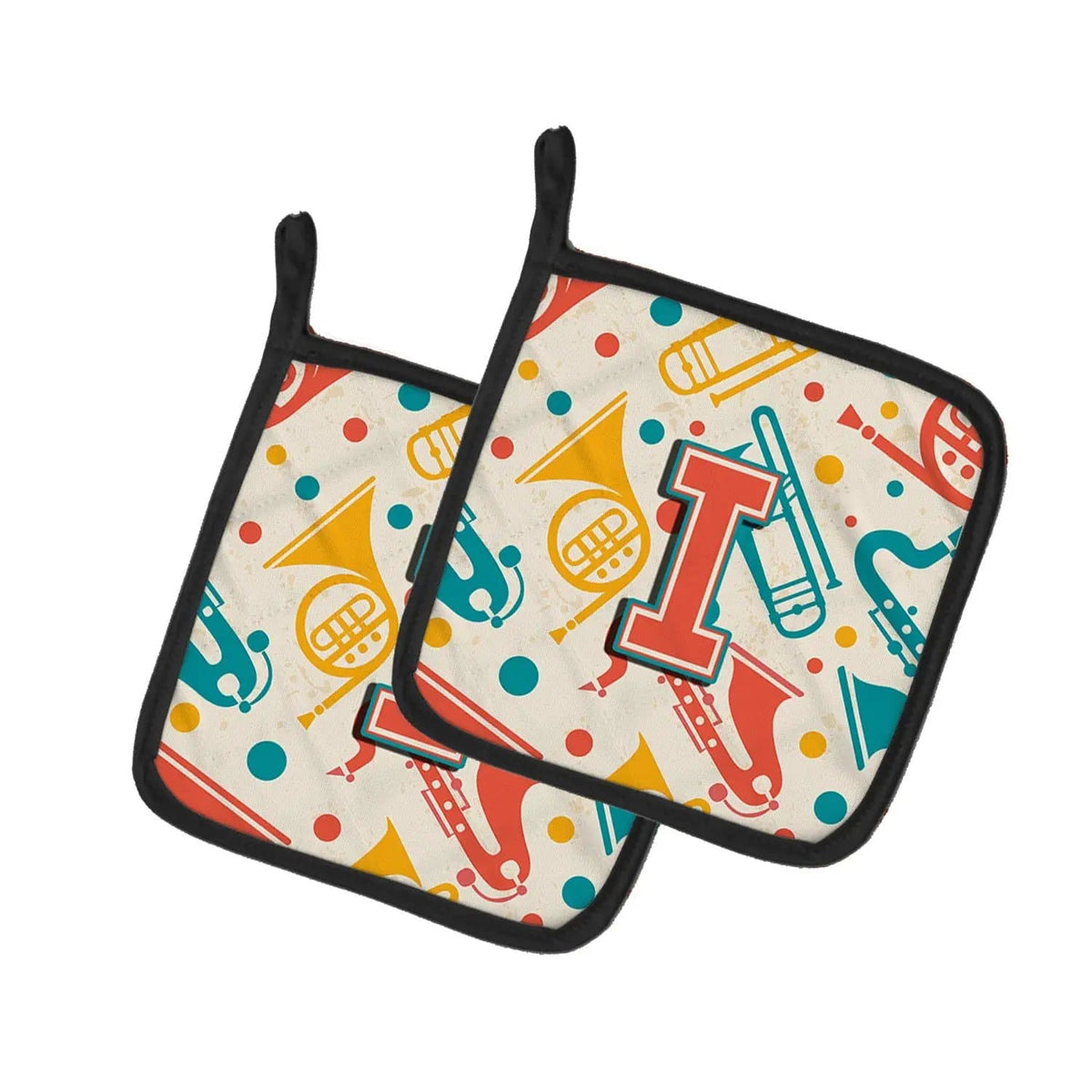 Pot Holder Set of 2 | Heat Resistant Quilted Hot Pads | 7.5 x 7.5 Inch | Letter I Retro Teal Orange Musical Instruments Initial