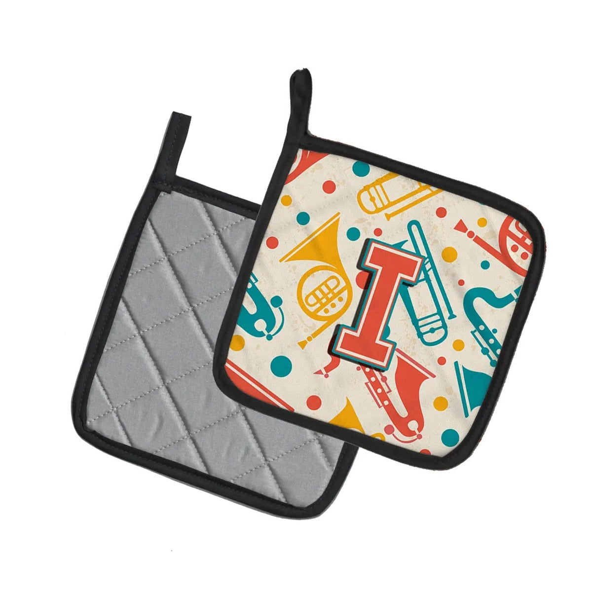 Pot Holder Set of 2 | Heat Resistant Quilted Hot Pads | 7.5 x 7.5 Inch | Letter I Retro Teal Orange Musical Instruments Initial