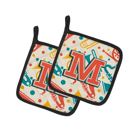 Pot Holder Set of 2 | Heat Resistant Quilted Hot Pads | 7.5 x 7.5 Inch | Letter M Retro Teal Orange Musical Instruments Initial