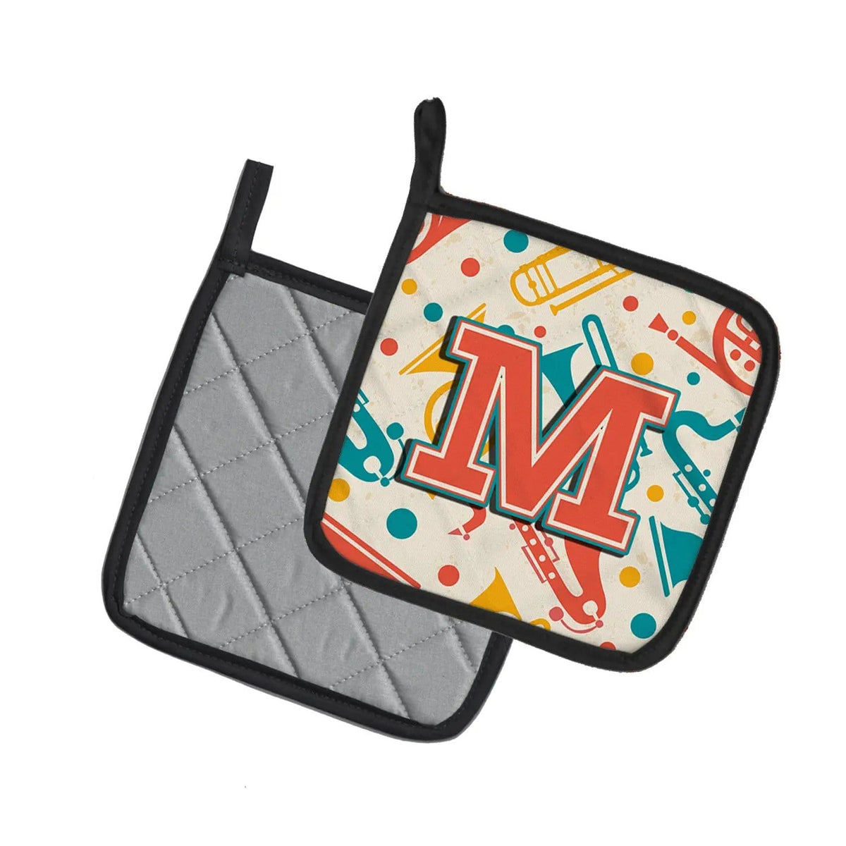 Pot Holder Set of 2 | Heat Resistant Quilted Hot Pads | 7.5 x 7.5 Inch | Letter M Retro Teal Orange Musical Instruments Initial