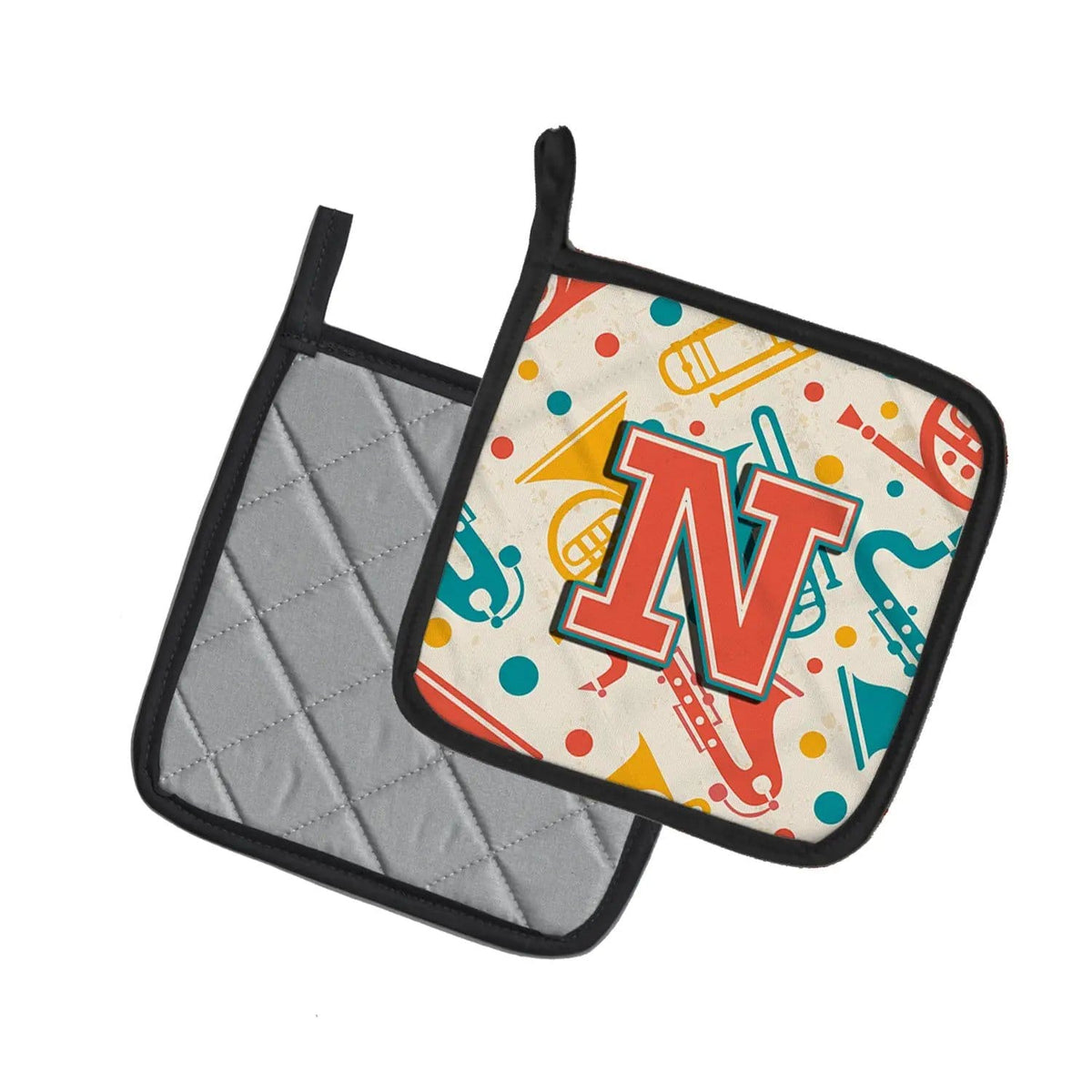 Pot Holder Set of 2 | Heat Resistant Quilted Hot Pads | 7.5 x 7.5 Inch | Letter N Retro Teal Orange Musical Instruments Initial