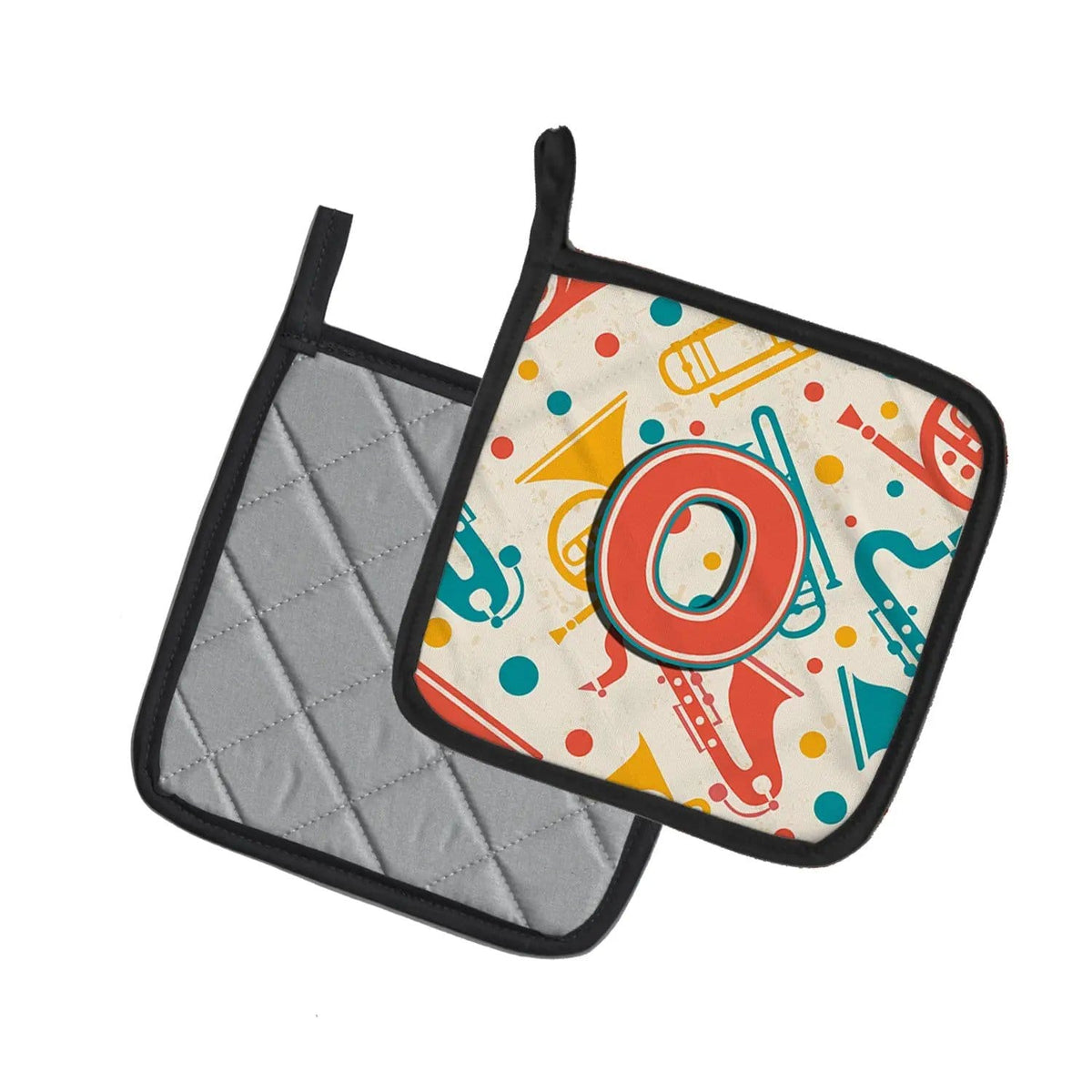 Pot Holder Set of 2 | Heat Resistant Quilted Hot Pads | 7.5 x 7.5 Inch | Letter O Retro Teal Orange Musical Instruments Initial