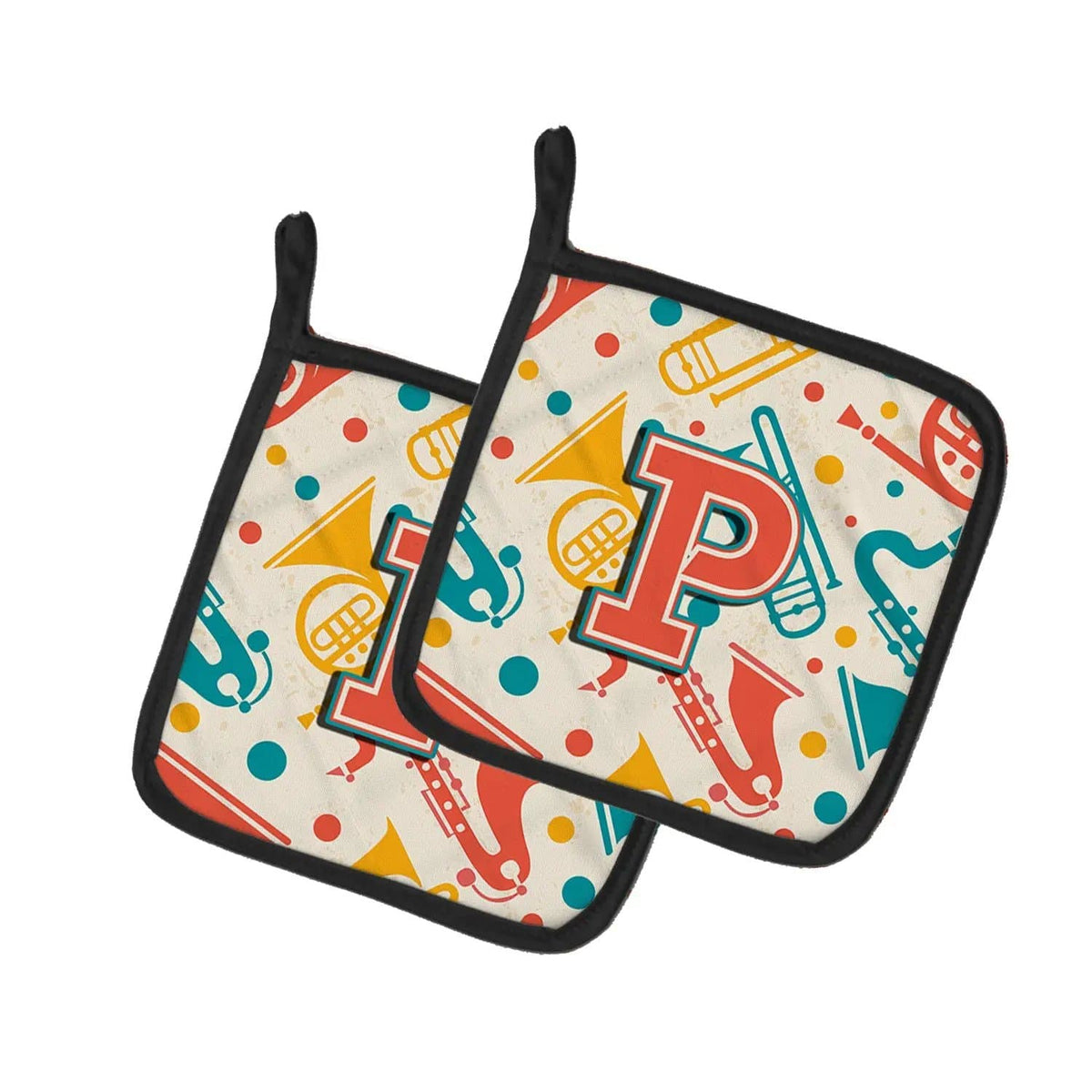 Pot Holder Set of 2 | Heat Resistant Quilted Hot Pads | 7.5 x 7.5 Inch | Letter P Retro Teal Orange Musical Instruments Initial