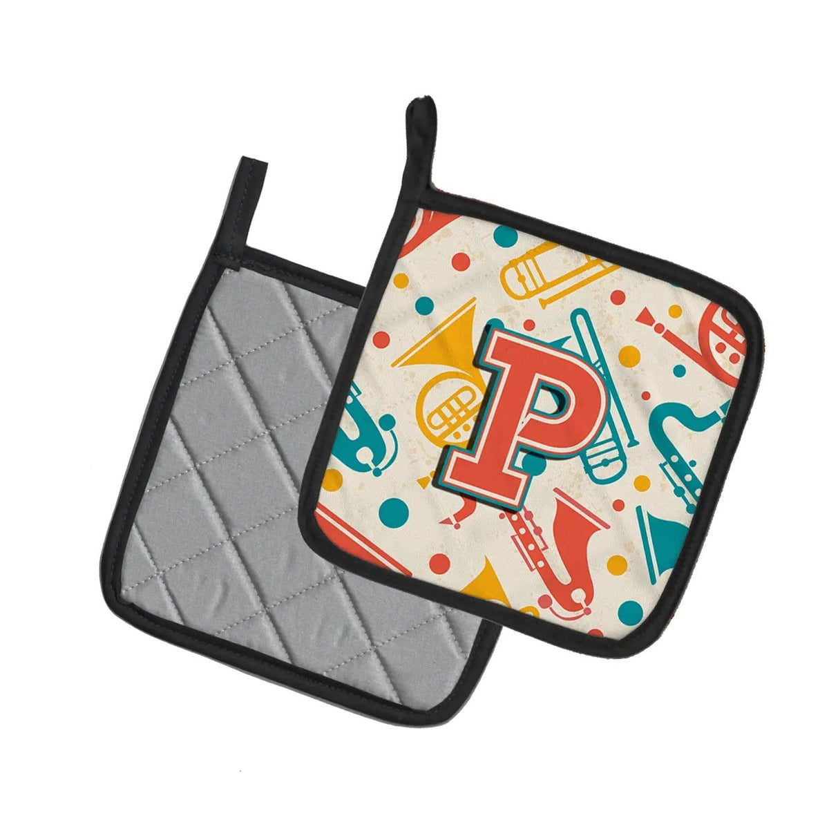 Pot Holder Set of 2 | Heat Resistant Quilted Hot Pads | 7.5 x 7.5 Inch | Letter P Retro Teal Orange Musical Instruments Initial