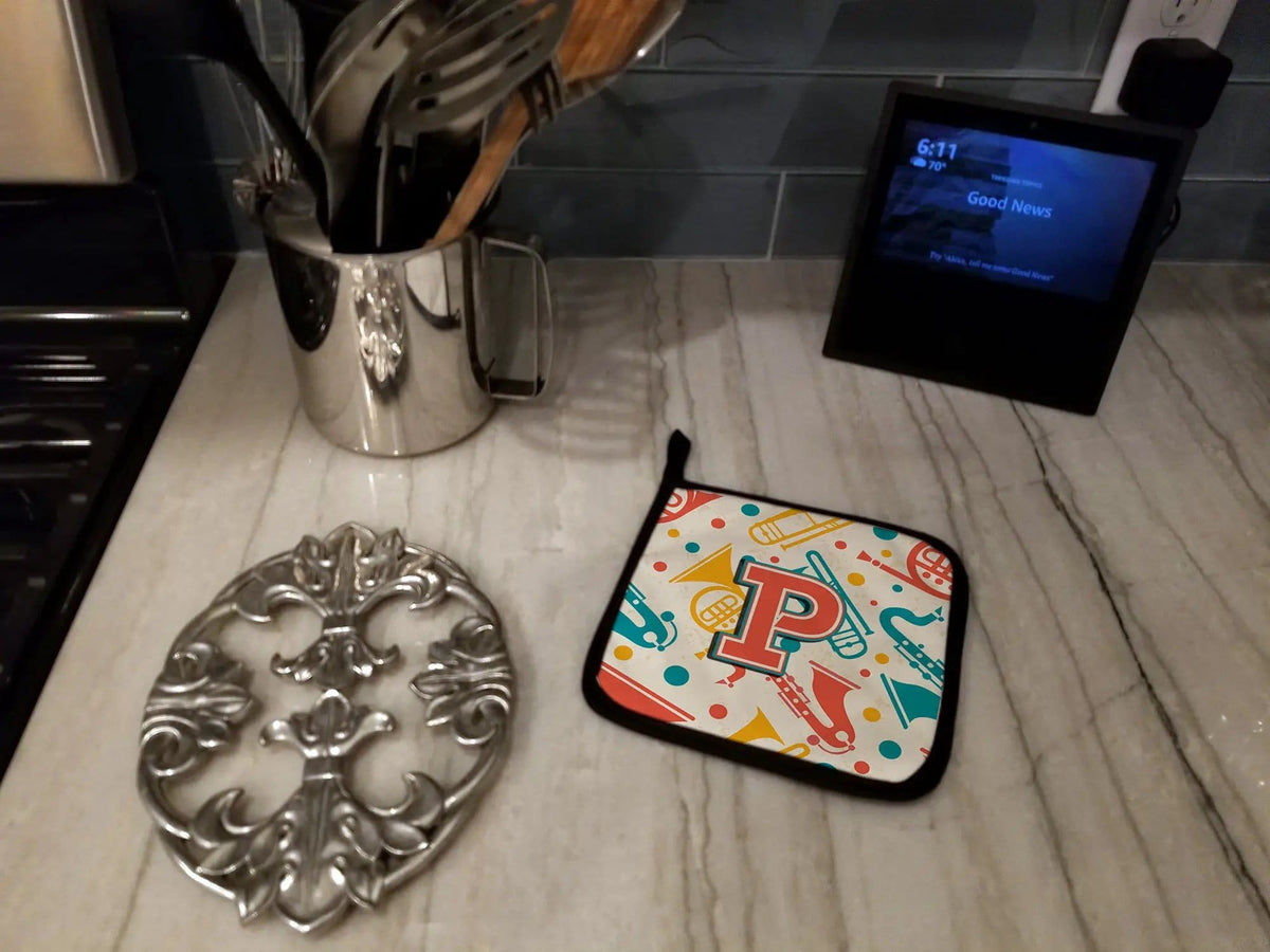 Pot Holder Set of 2 | Heat Resistant Quilted Hot Pads | 7.5 x 7.5 Inch | Letter P Retro Teal Orange Musical Instruments Initial