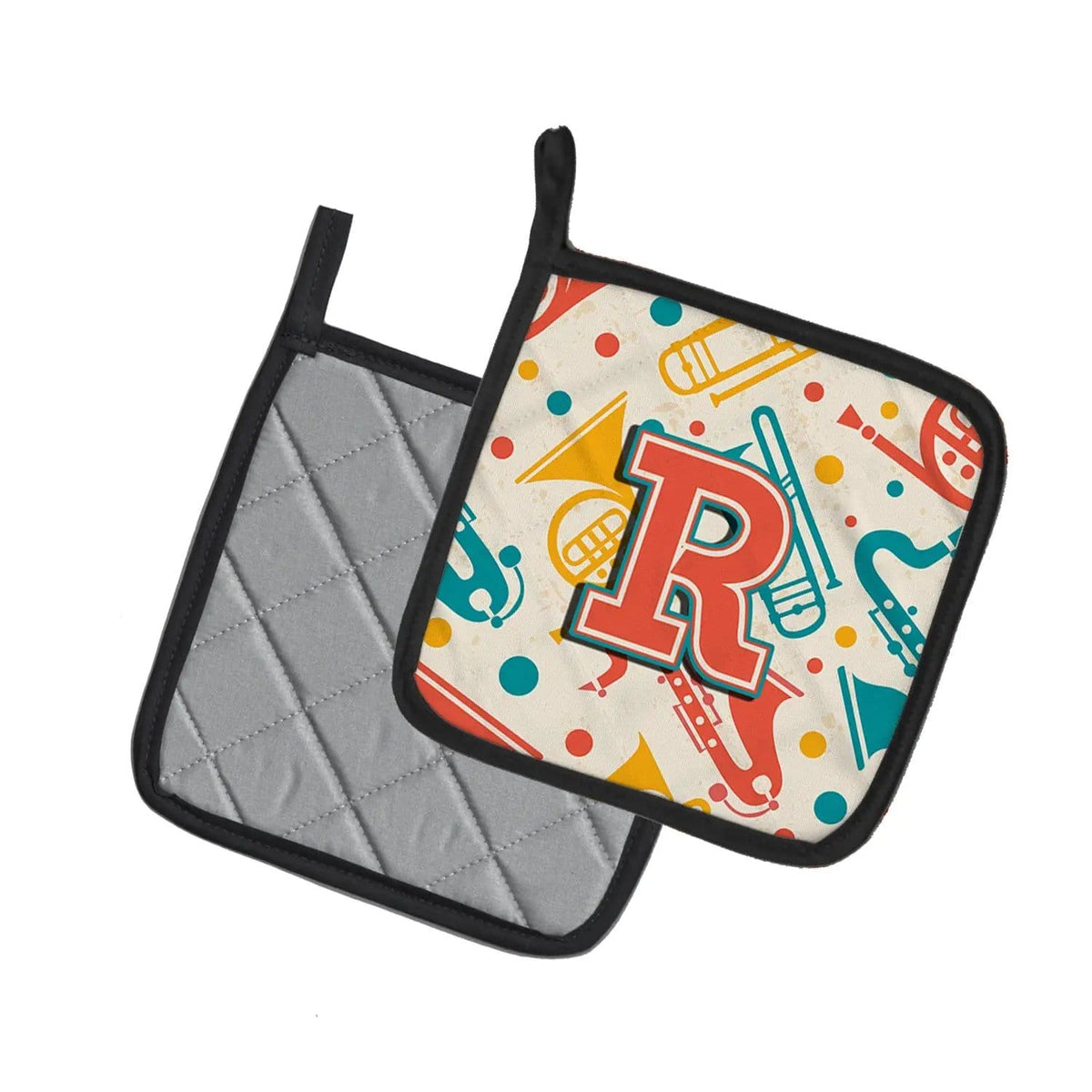 Pot Holder Set of 2 | Heat Resistant Quilted Hot Pads | 7.5 x 7.5 Inch | Letter R Retro Teal Orange Musical Instruments Initial