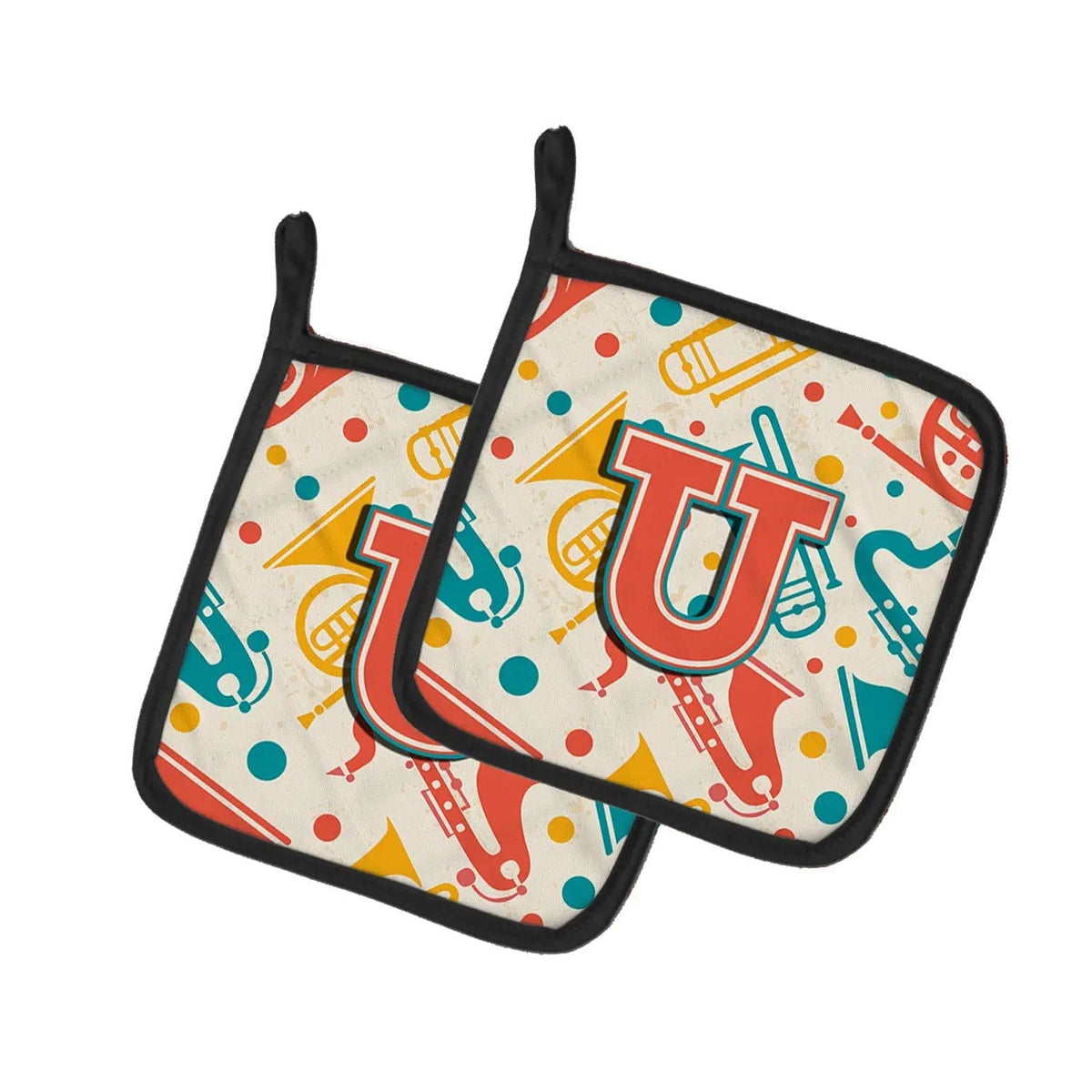 Pot Holder Set of 2 | Heat Resistant Quilted Hot Pads | 7.5 x 7.5 Inch | Letter U Retro Teal Orange Musical Instruments Initial
