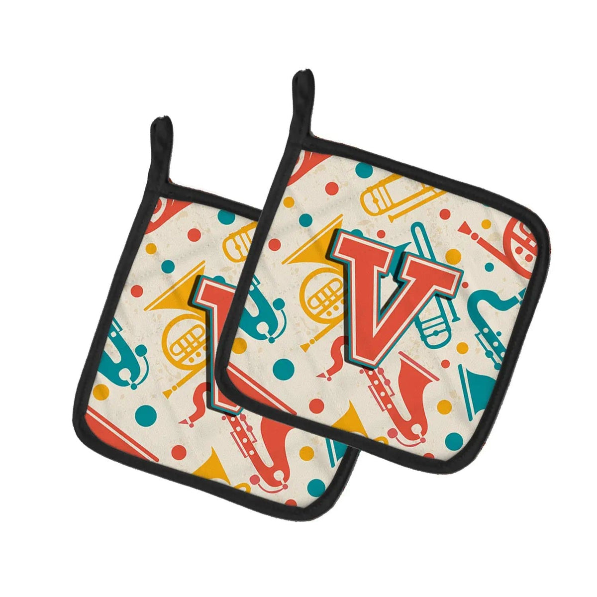 Pot Holder Set of 2 | Heat Resistant Quilted Hot Pads | 7.5 x 7.5 Inch | Letter V Retro Teal Orange Musical Instruments Initial