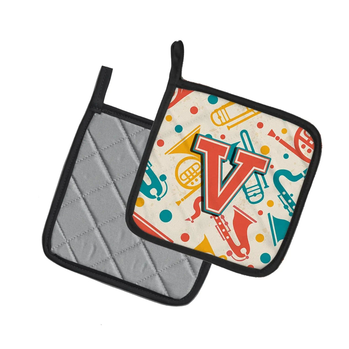Pot Holder Set of 2 | Heat Resistant Quilted Hot Pads | 7.5 x 7.5 Inch | Letter V Retro Teal Orange Musical Instruments Initial