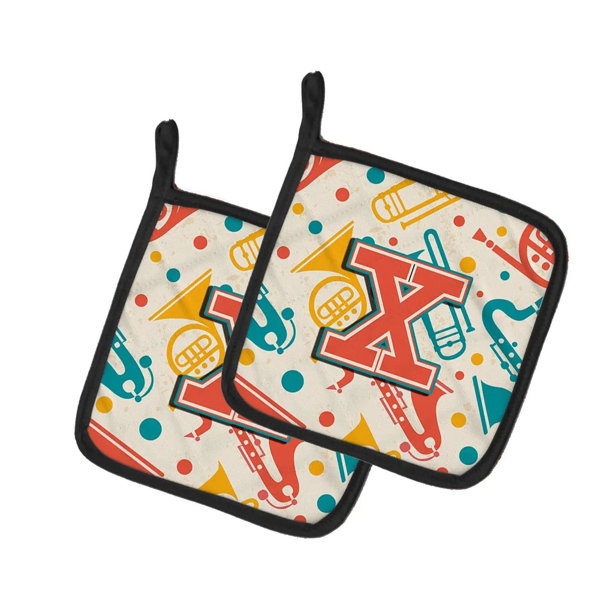 Pot Holder Set of 2 | Heat Resistant Quilted Hot Pads | 7.5 x 7.5 Inch | Letter X Retro Teal Orange Musical Instruments Initial