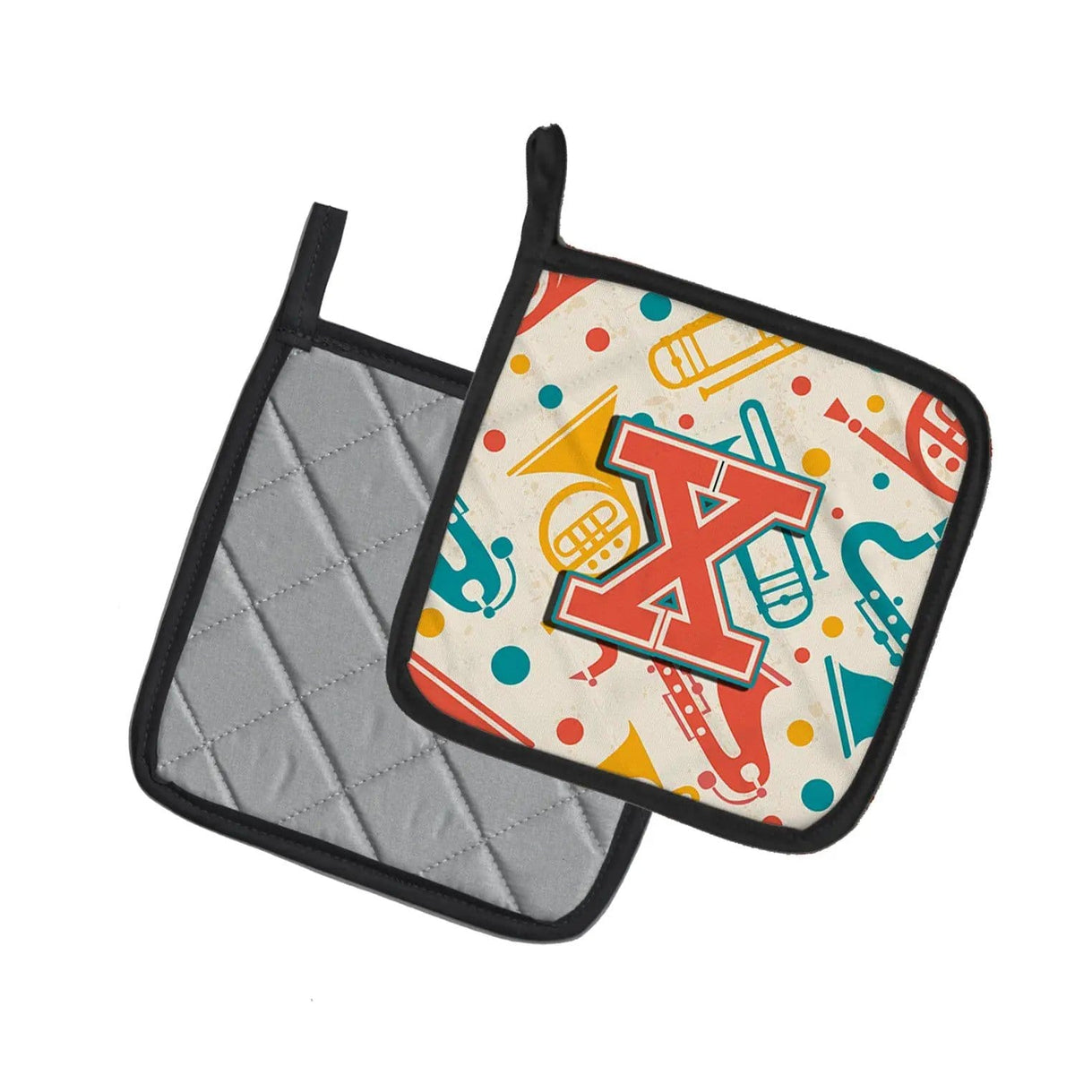 Pot Holder Set of 2 | Heat Resistant Quilted Hot Pads | 7.5 x 7.5 Inch | Letter X Retro Teal Orange Musical Instruments Initial