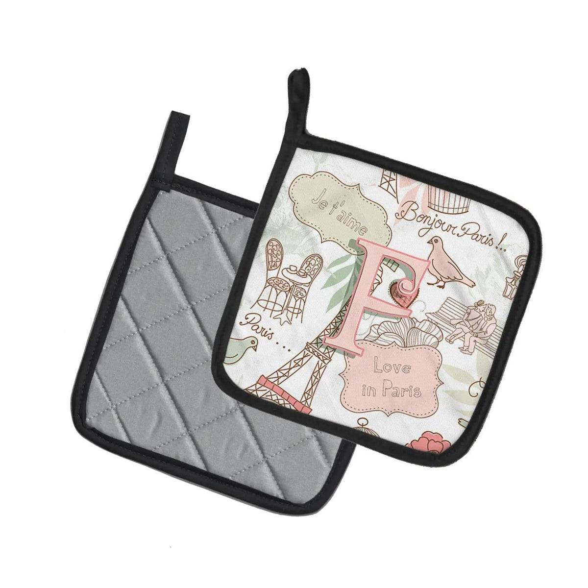 Pot Holder Set of 2 | Heat Resistant Quilted Hot Pads | 7.5 x 7.5 Inch | Letter F Love in Paris Pink