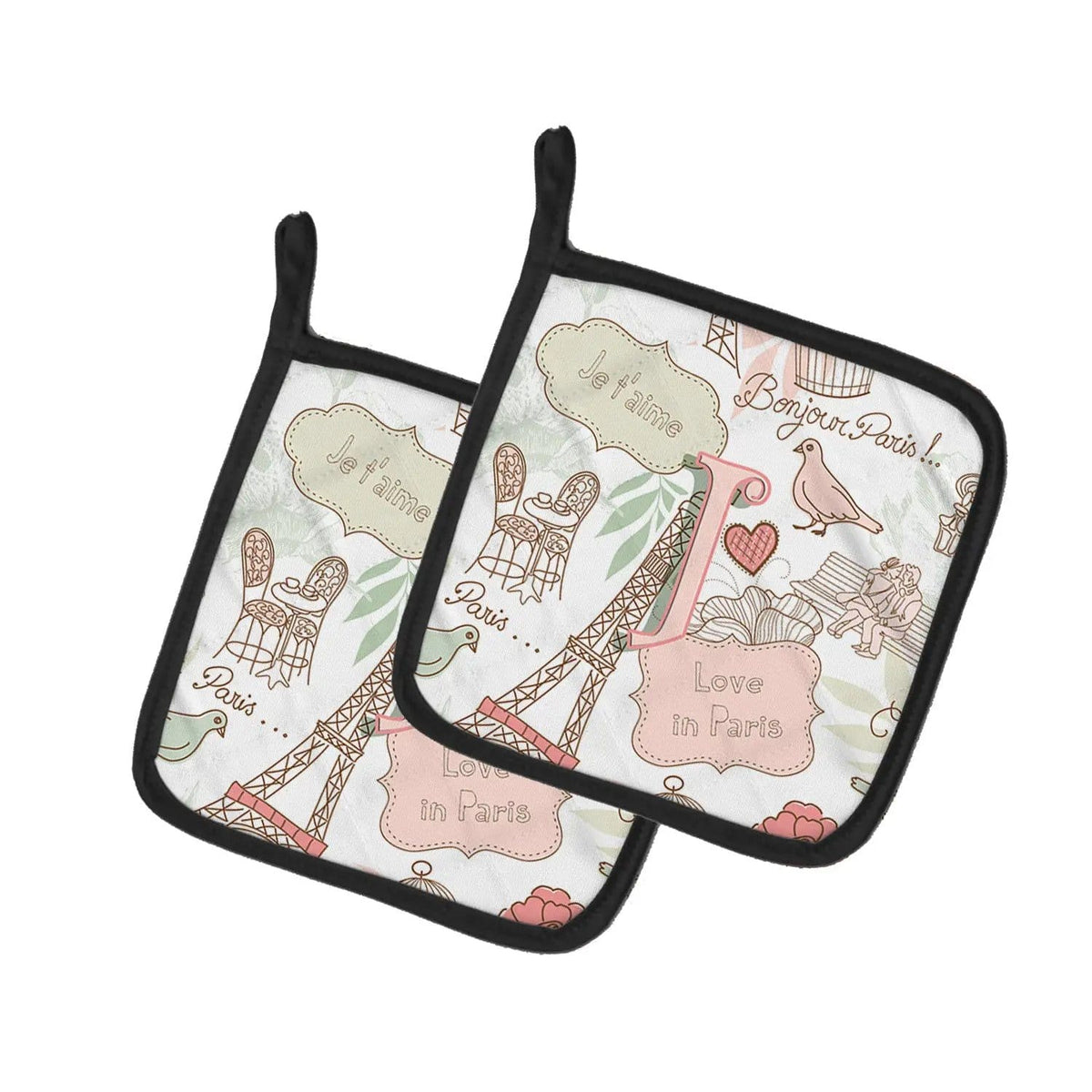 Pot Holder Set of 2 | Heat Resistant Quilted Hot Pads | 7.5 x 7.5 Inch | Letter J Love in Paris Pink