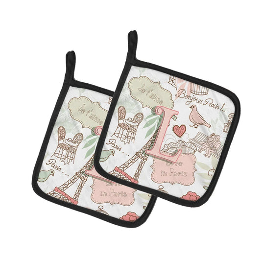 Pot Holder Set of 2 | Heat Resistant Quilted Hot Pads | 7.5 x 7.5 Inch | Letter L Love in Paris Pink