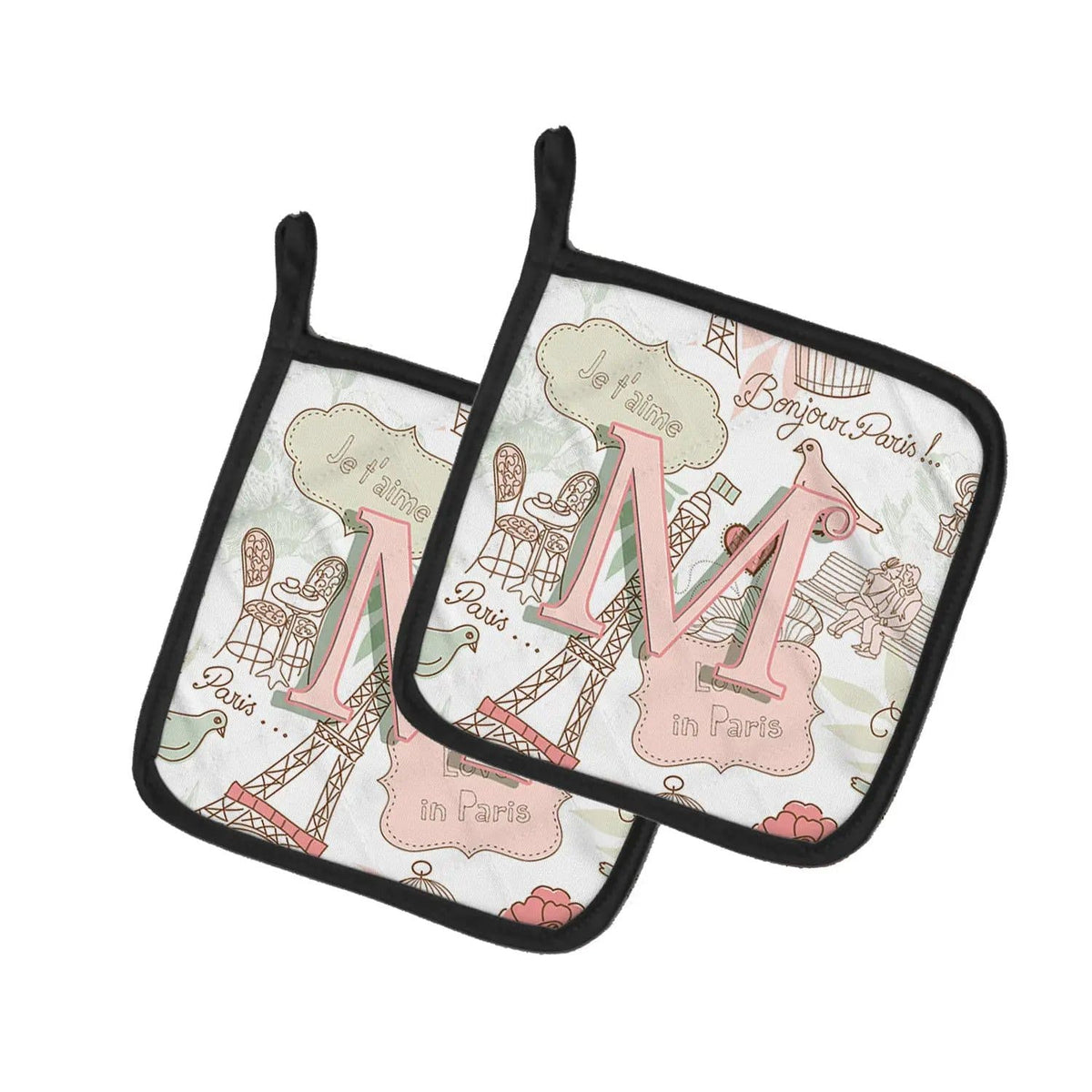 Pot Holder Set of 2 | Heat Resistant Quilted Hot Pads | 7.5 x 7.5 Inch | Letter M Love in Paris Pink
