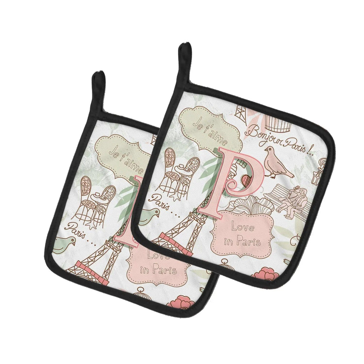 Pot Holder Set of 2 | Heat Resistant Quilted Hot Pads | 7.5 x 7.5 Inch | Letter P Love in Paris Pink