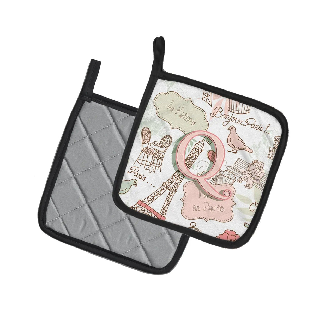 Pot Holder Set of 2 | Heat Resistant Quilted Hot Pads | 7.5 x 7.5 Inch | Letter Q Love in Paris Pink