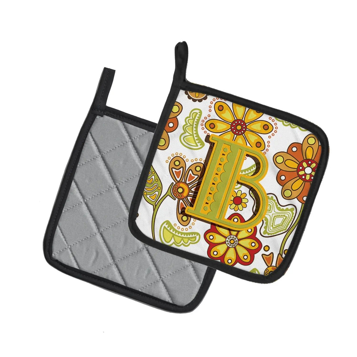Pot Holder Set of 2 | Heat Resistant Quilted Hot Pads | 7.5 x 7.5 Inch | Letter B Floral Mustard and Green