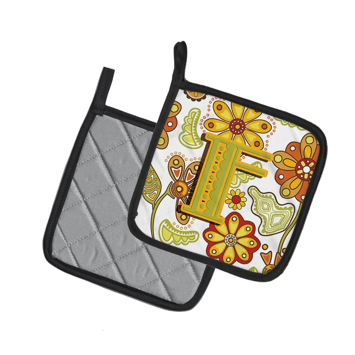 Pot Holder Set of 2 | Heat Resistant Quilted Hot Pads | 7.5 x 7.5 Inch | Letter F Floral Mustard and Green
