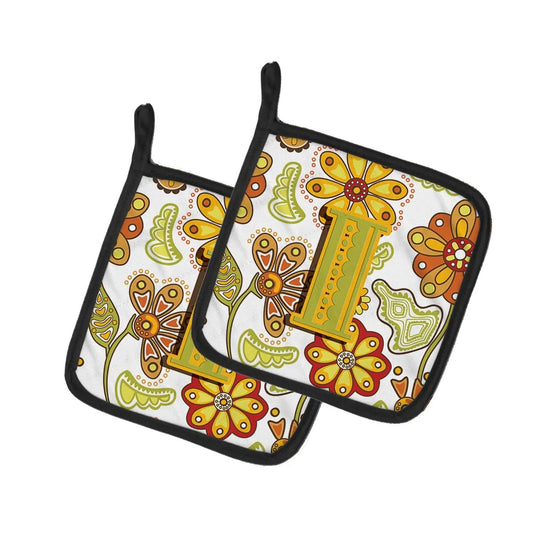Pot Holder Set of 2 | Heat Resistant Quilted Hot Pads | 7.5 x 7.5 Inch | Letter I Floral Mustard and Green