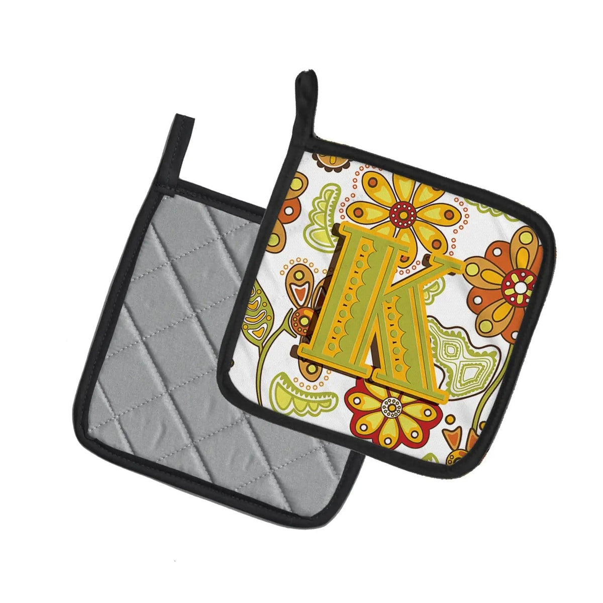 Pot Holder Set of 2 | Heat Resistant Quilted Hot Pads | 7.5 x 7.5 Inch | Letter K Floral Mustard and Green