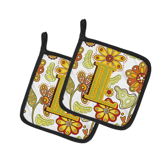 Pot Holder Set of 2 | Heat Resistant Quilted Hot Pads | 7.5 x 7.5 Inch | Letter L Floral Mustard and Green