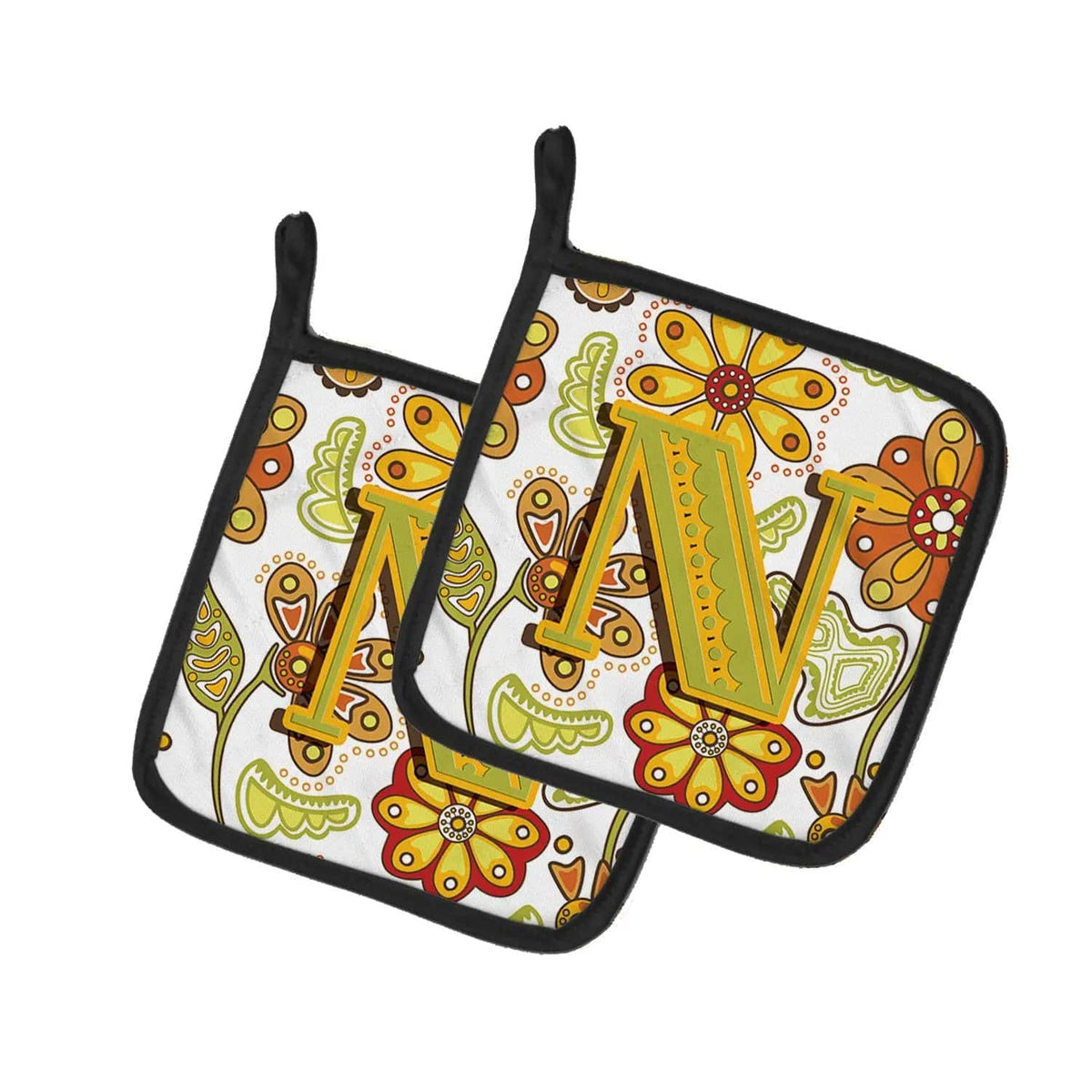 Pot Holder Set of 2 | Heat Resistant Quilted Hot Pads | 7.5 x 7.5 Inch | Letter N Floral Mustard and Green