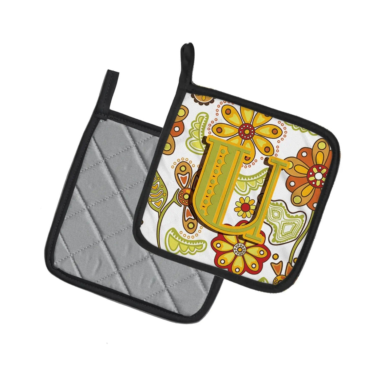 Pot Holder Set of 2 | Heat Resistant Quilted Hot Pads | 7.5 x 7.5 Inch | Letter U Floral Mustard and Green