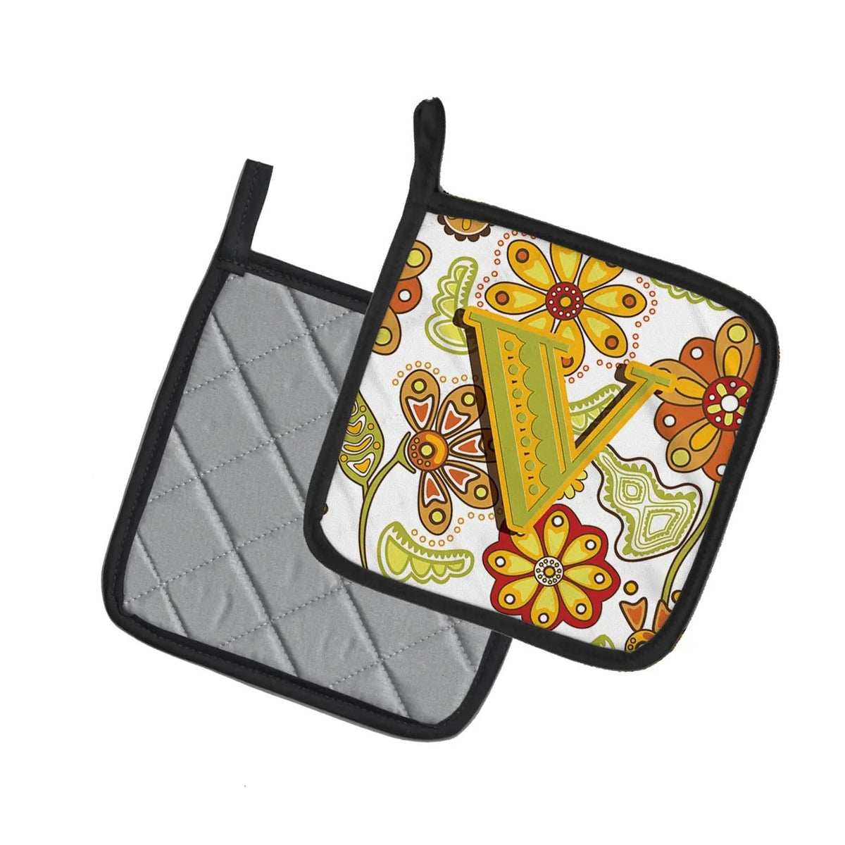 Pot Holder Set of 2 | Heat Resistant Quilted Hot Pads | 7.5 x 7.5 Inch | Letter V Floral Mustard and Green