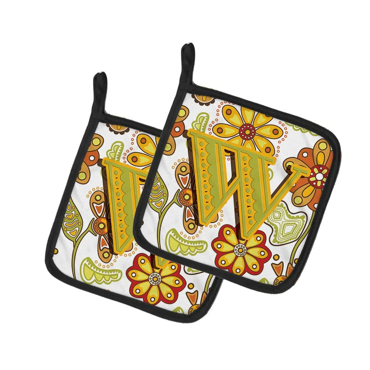 Pot Holder Set of 2 | Heat Resistant Quilted Hot Pads | 7.5 x 7.5 Inch | Letter W Floral Mustard and Green