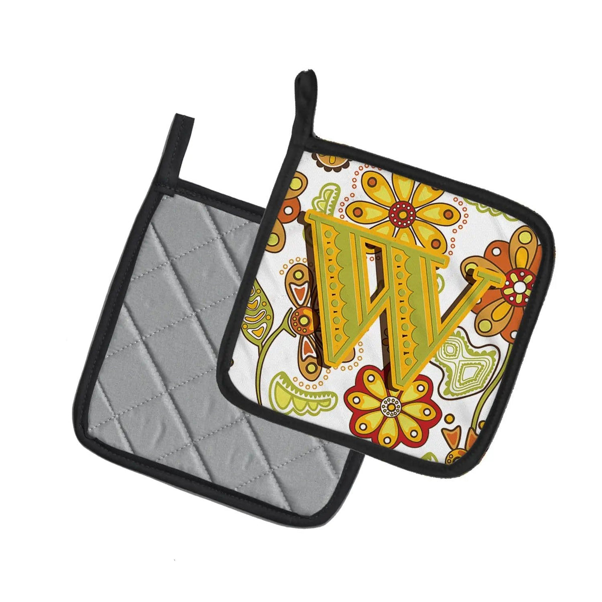 Pot Holder Set of 2 | Heat Resistant Quilted Hot Pads | 7.5 x 7.5 Inch | Letter W Floral Mustard and Green
