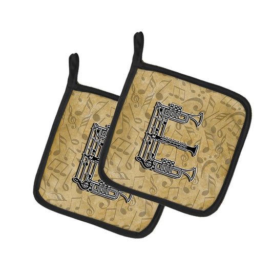 Pot Holder Set of 2 | Heat Resistant Quilted Hot Pads | 7.5 x 7.5 Inch | Letter E Musical Instrument Alphabet