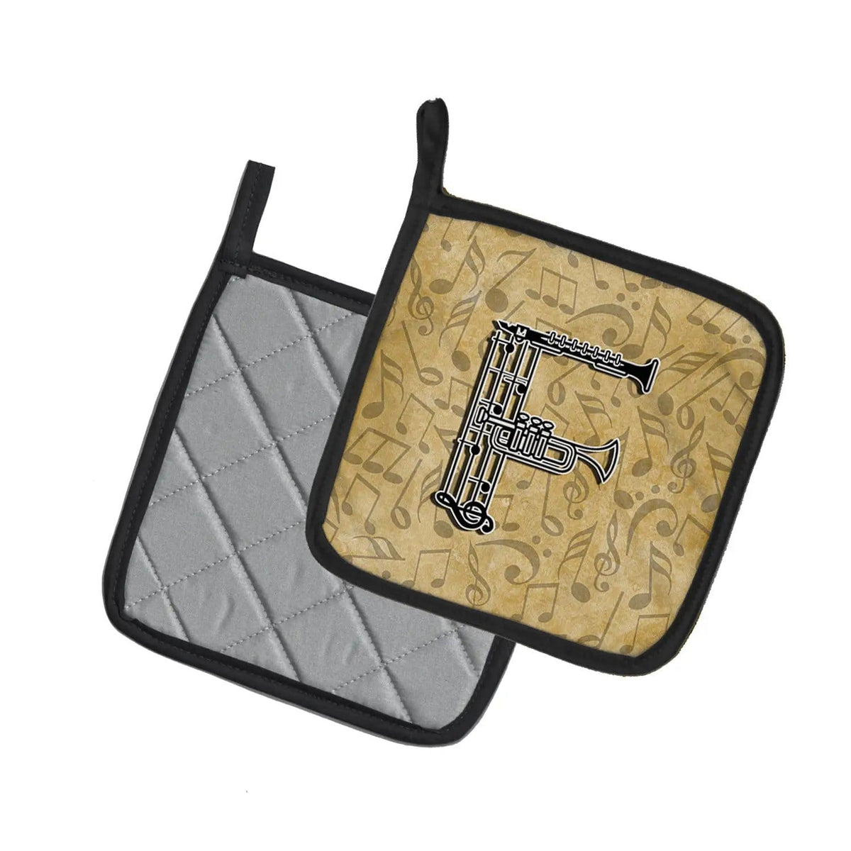 Pot Holder Set of 2 | Heat Resistant Quilted Hot Pads | 7.5 x 7.5 Inch | Letter F Musical Instrument Alphabet