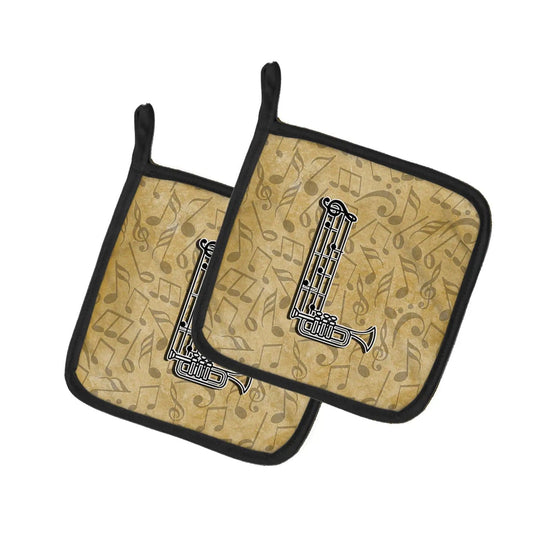 Pot Holder Set of 2 | Heat Resistant Quilted Hot Pads | 7.5 x 7.5 Inch | Letter L Musical Instrument Alphabet