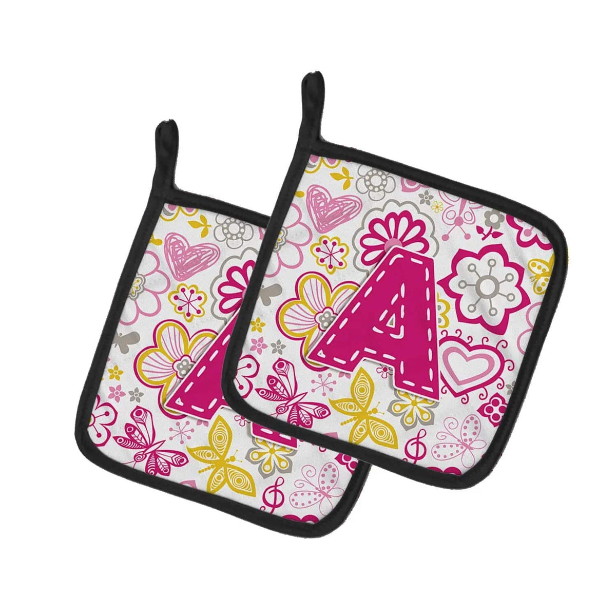 Pot Holder Set of 2 | Heat Resistant Quilted Hot Pads | 7.5 x 7.5 Inch | Letter A Flowers and Butterflies Pink