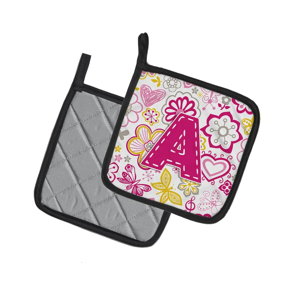 Pot Holder Set of 2 | Heat Resistant Quilted Hot Pads | 7.5 x 7.5 Inch | Letter A Flowers and Butterflies Pink